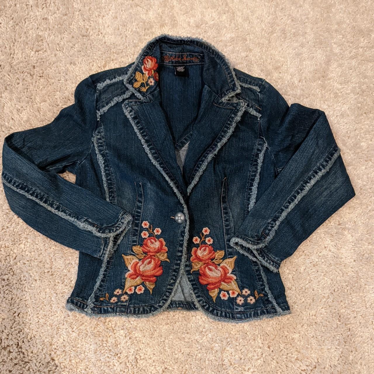 Kikit Jeans Embroidered Jean Jacket With Frayed Seam Depop