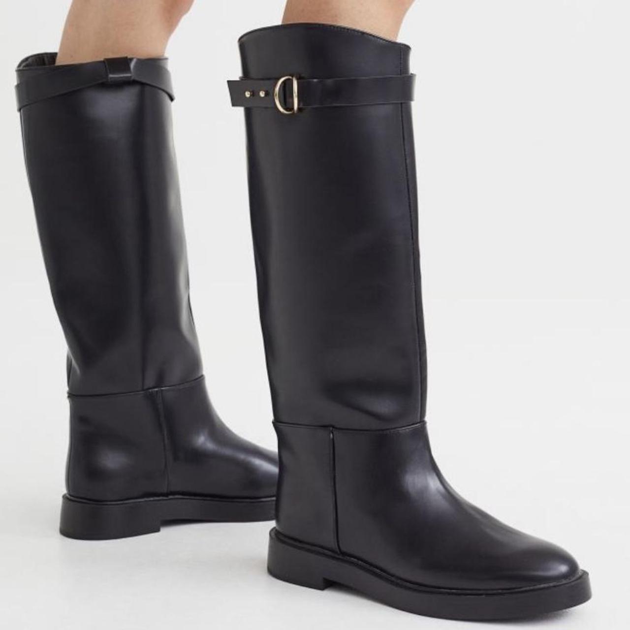 H&M knee high black faux leather chunky riding boots... Depop