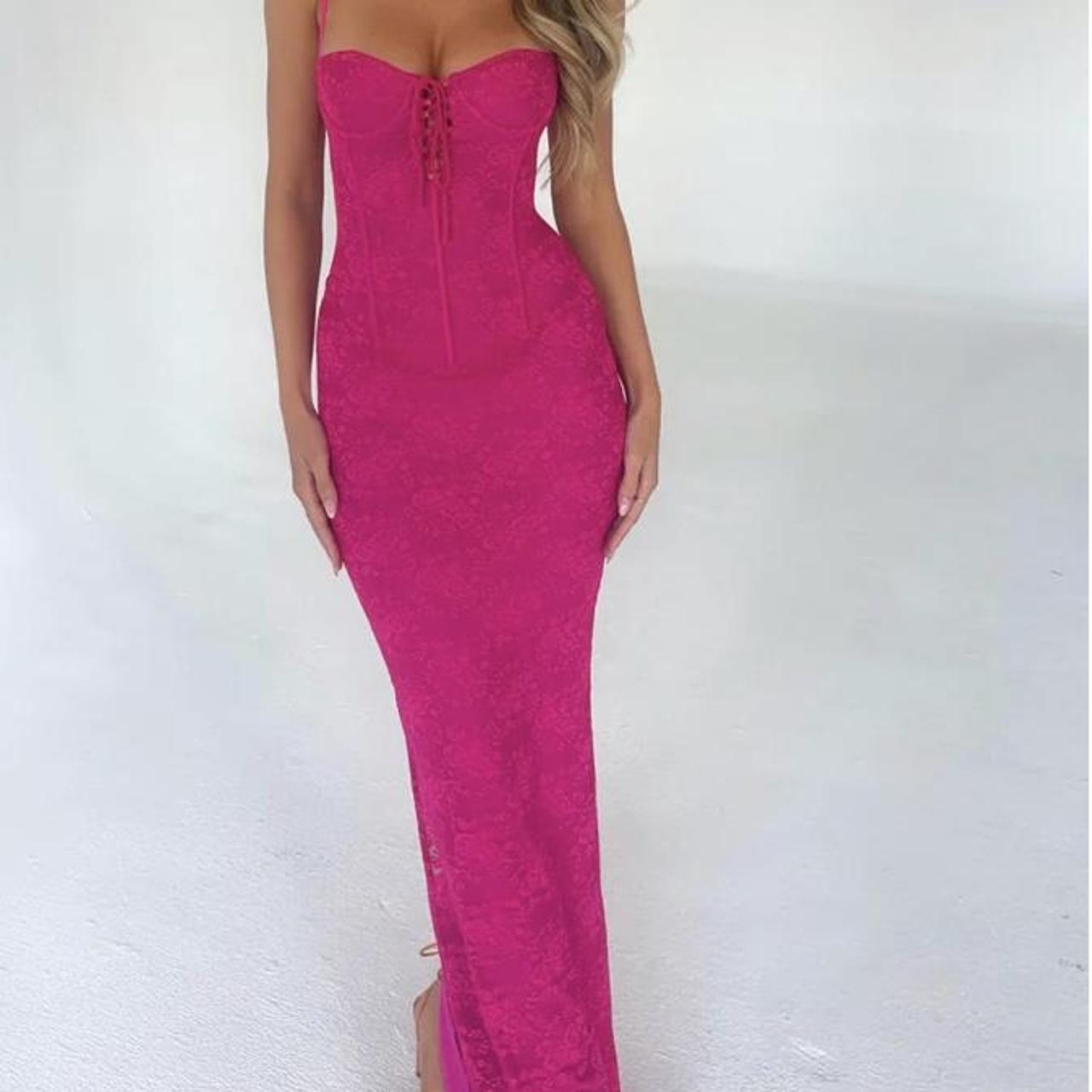 This is a hot pink corset dress with a lace print... Depop