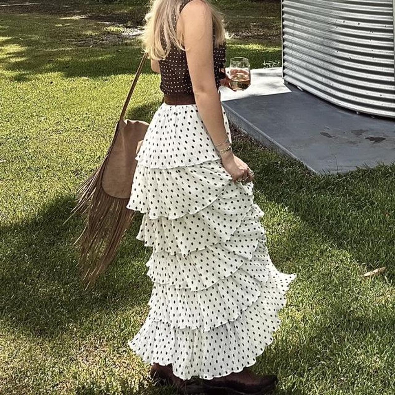 Maxi Skirt White Polka Dot Ruffle Skirt Tiered Layered Ruffle Polka