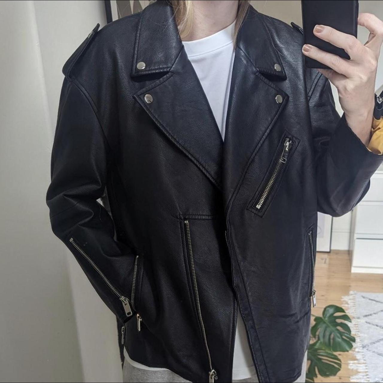 Faux leather oversized biker jacket from Zara. Cosy... - Depop