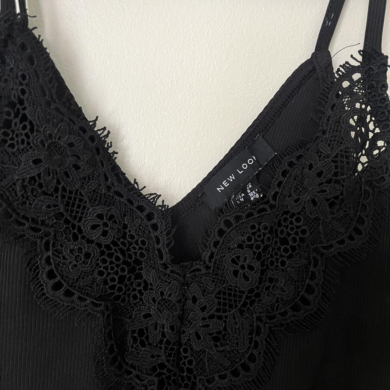 new look black bodysuit lace plunge neckline size... - Depop