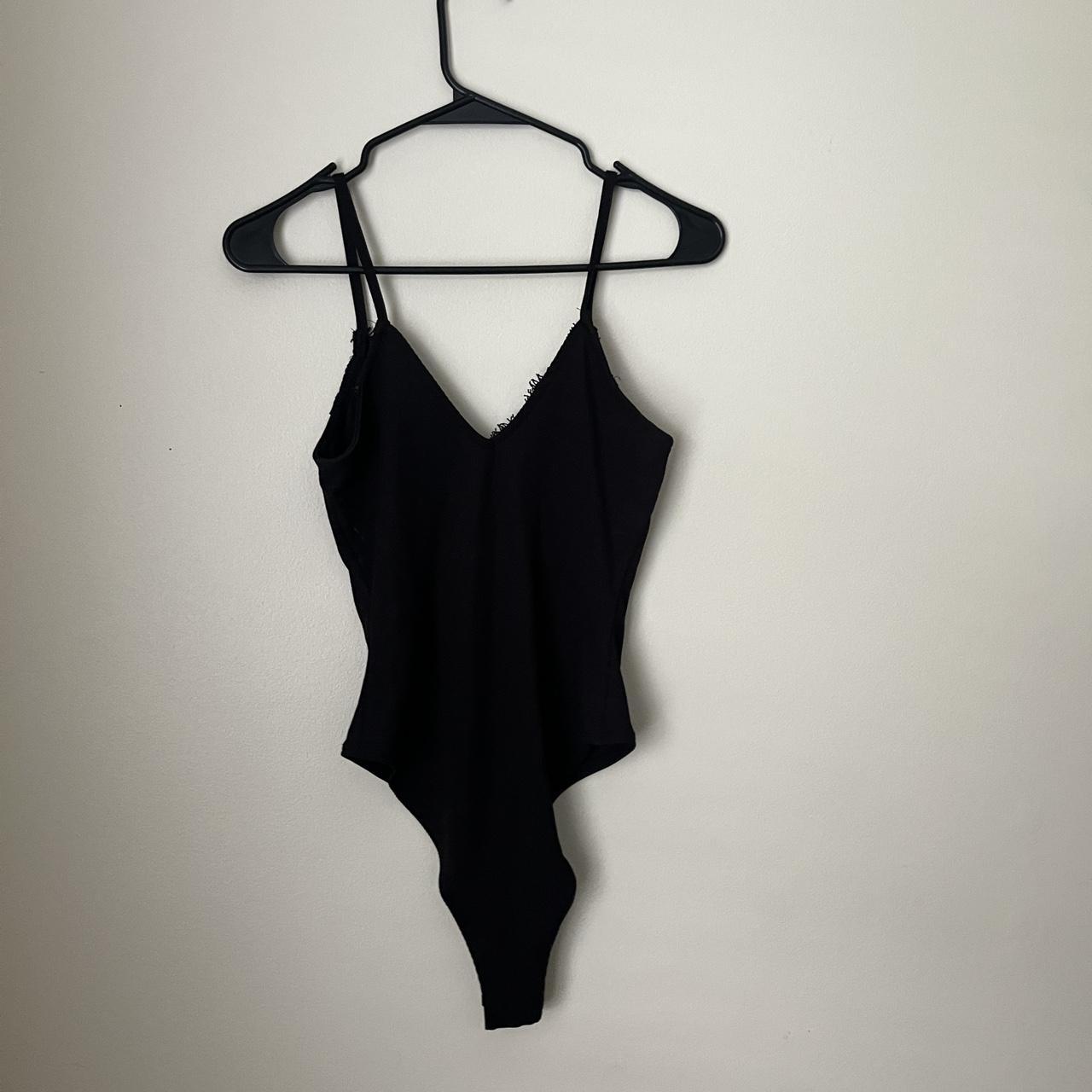 new look black bodysuit lace plunge neckline size... - Depop