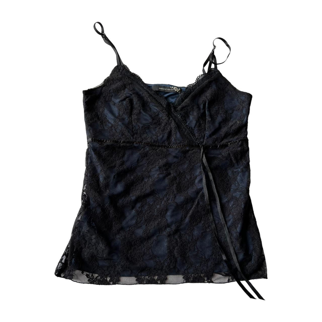 Vintage 90s Black And Navy Blue Lace Tank Cami Top... - Depop