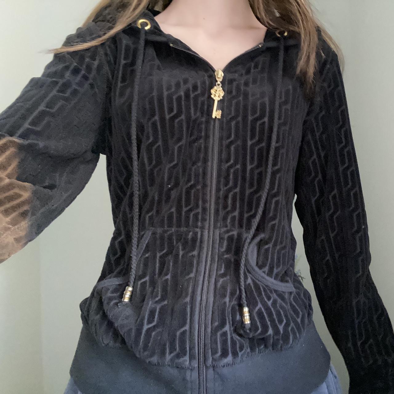 Gorgeous vintage y2k Black velvet pattern zip up... - Depop