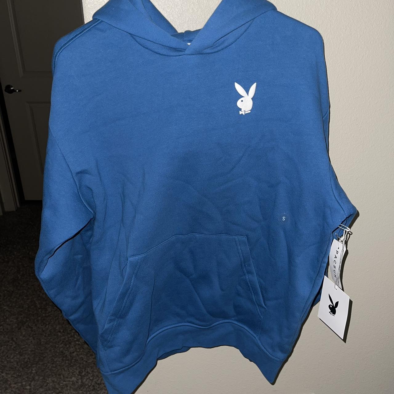 Playboy Men's Blue and White Hoodie Depop