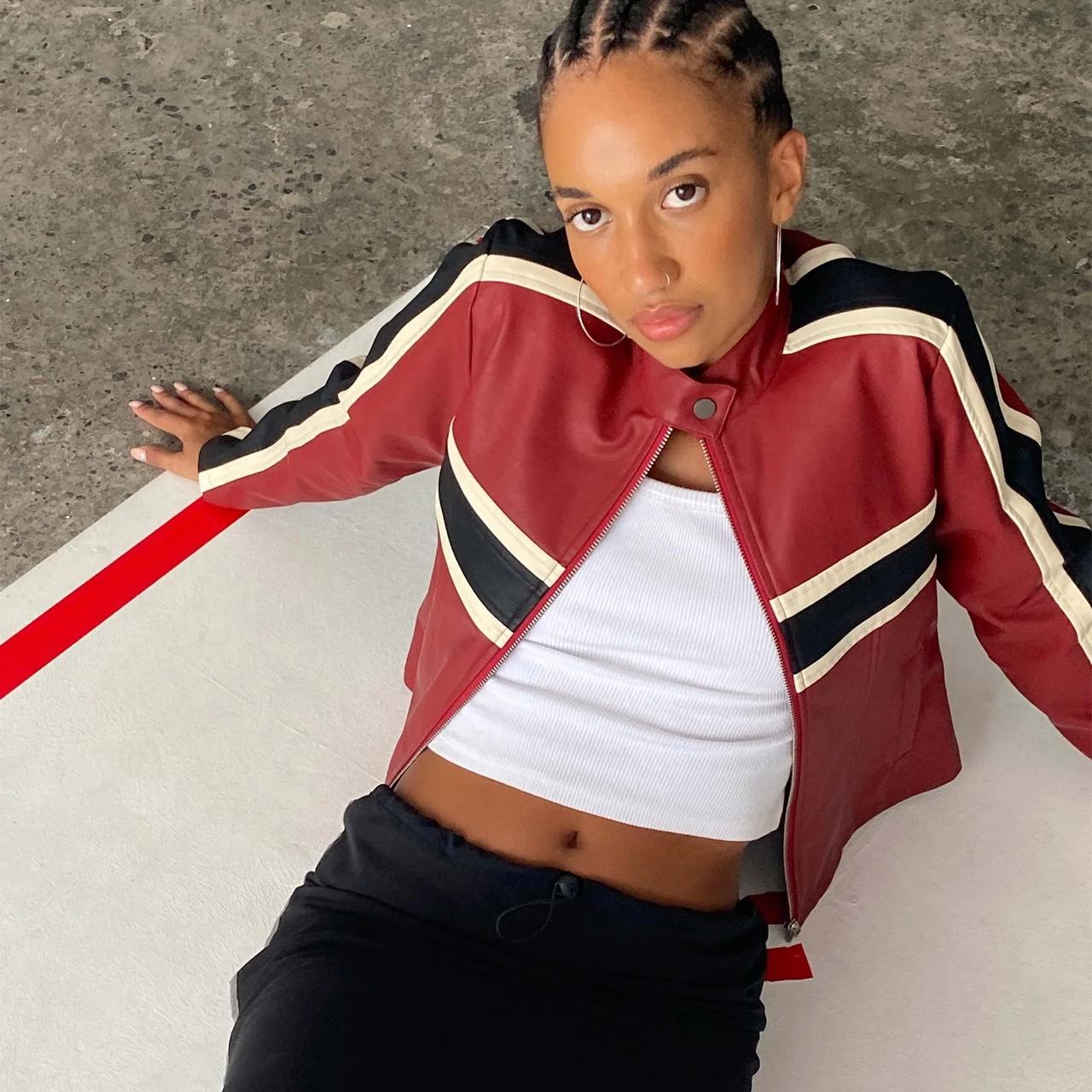 Oliver zip up jacket in PU red with ecru stripe.... - Depop