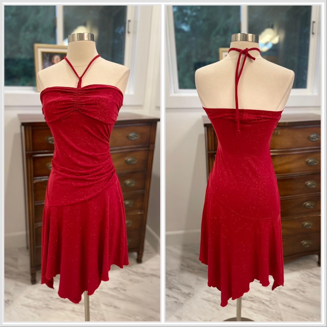 Y2k party dress in sparkly red Halter neck In... - Depop