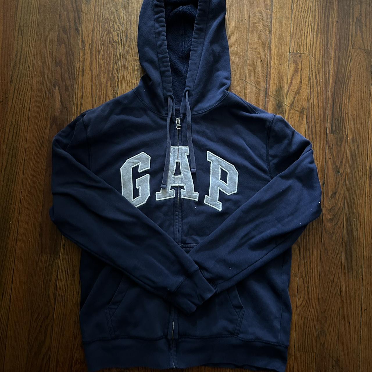 navy blue gap logo zip up hoodie size medium great... Depop
