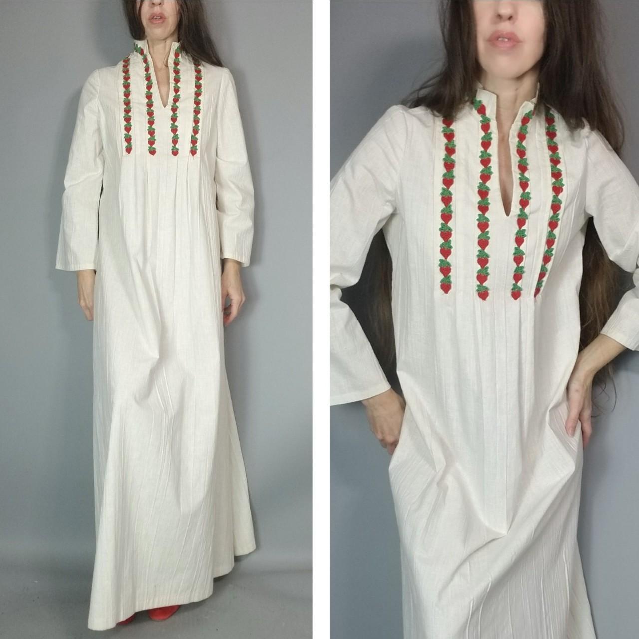 Vintage 70s Cream maxi dress with strawberry details... - Depop