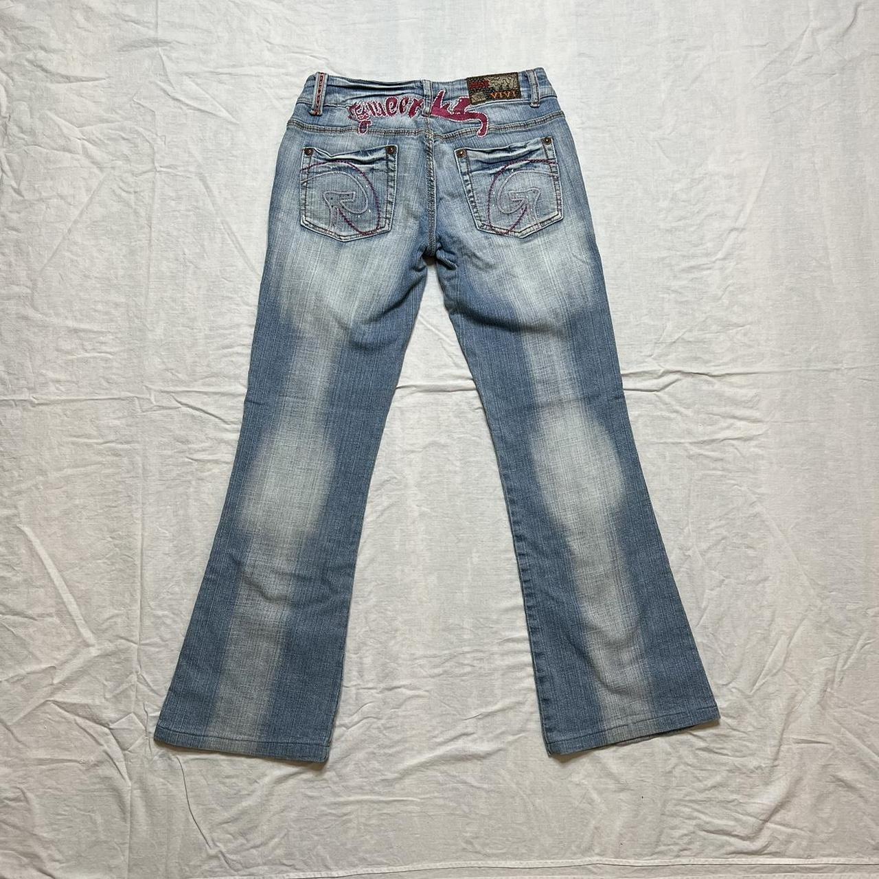 2000s y2k low waisted flares jeans faded with pink... - Depop