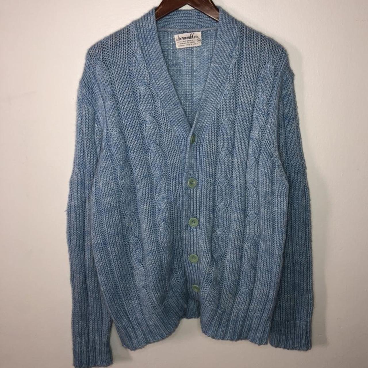 vintage 90’s acrylic knitted baby blue cardigan... - Depop