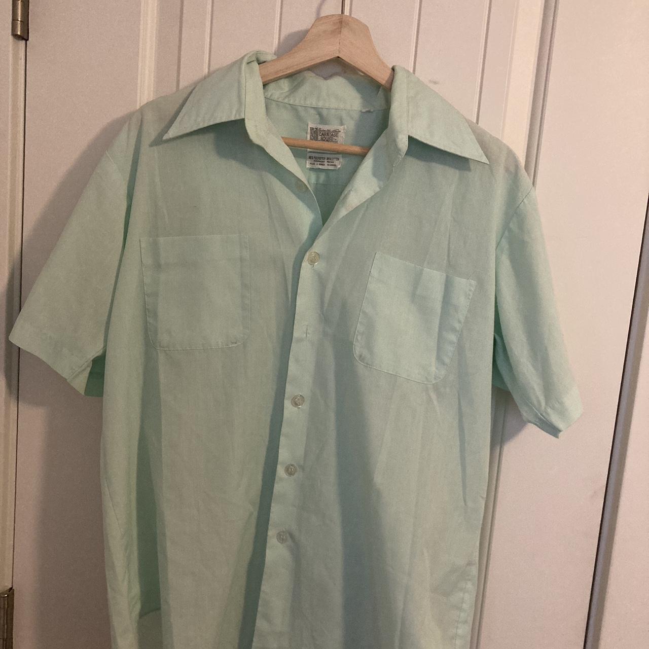 SIZE M 70s perma press blank teal button up... - Depop