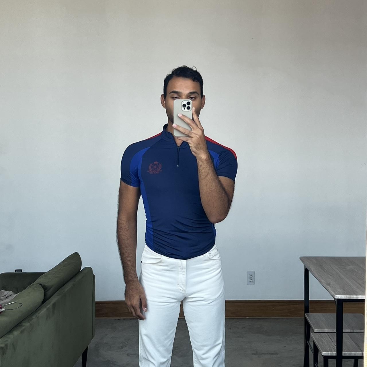 ASOS Design Men's Blue and Red Poloshirts Depop