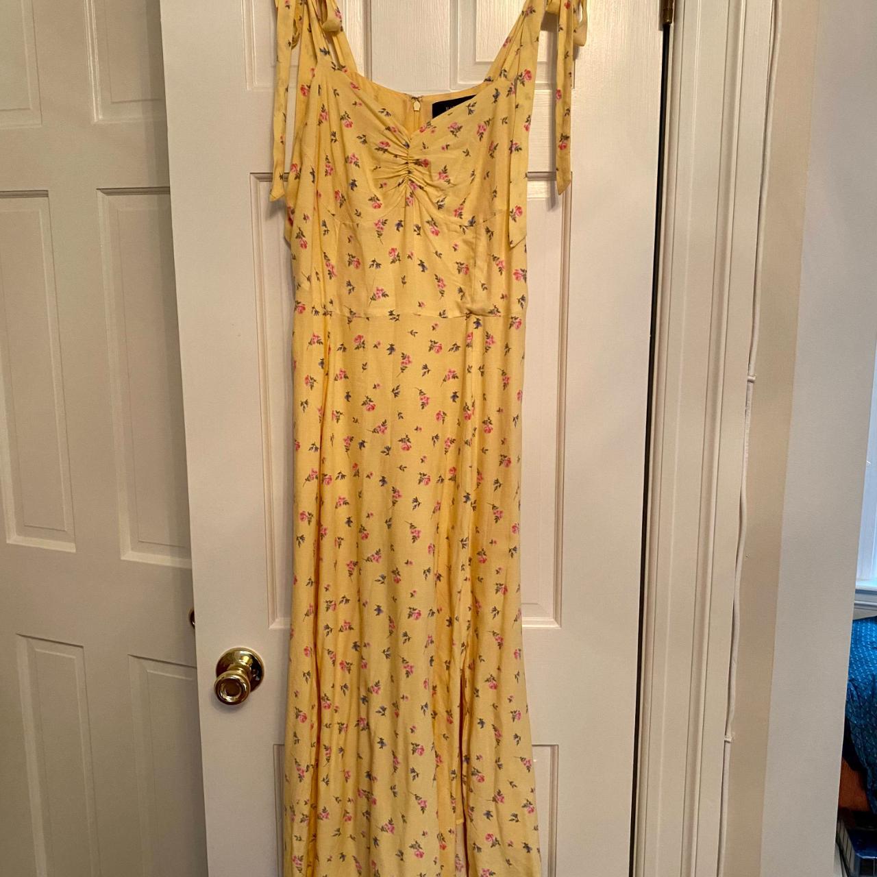 Bardot yellow floral midi dress, adjustable shoulder... - Depop