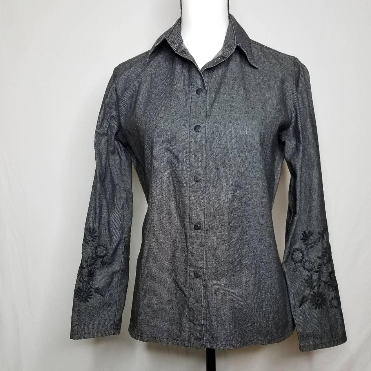 Dark gray denim snap down Fendi blouse. Tailored to... - Depop