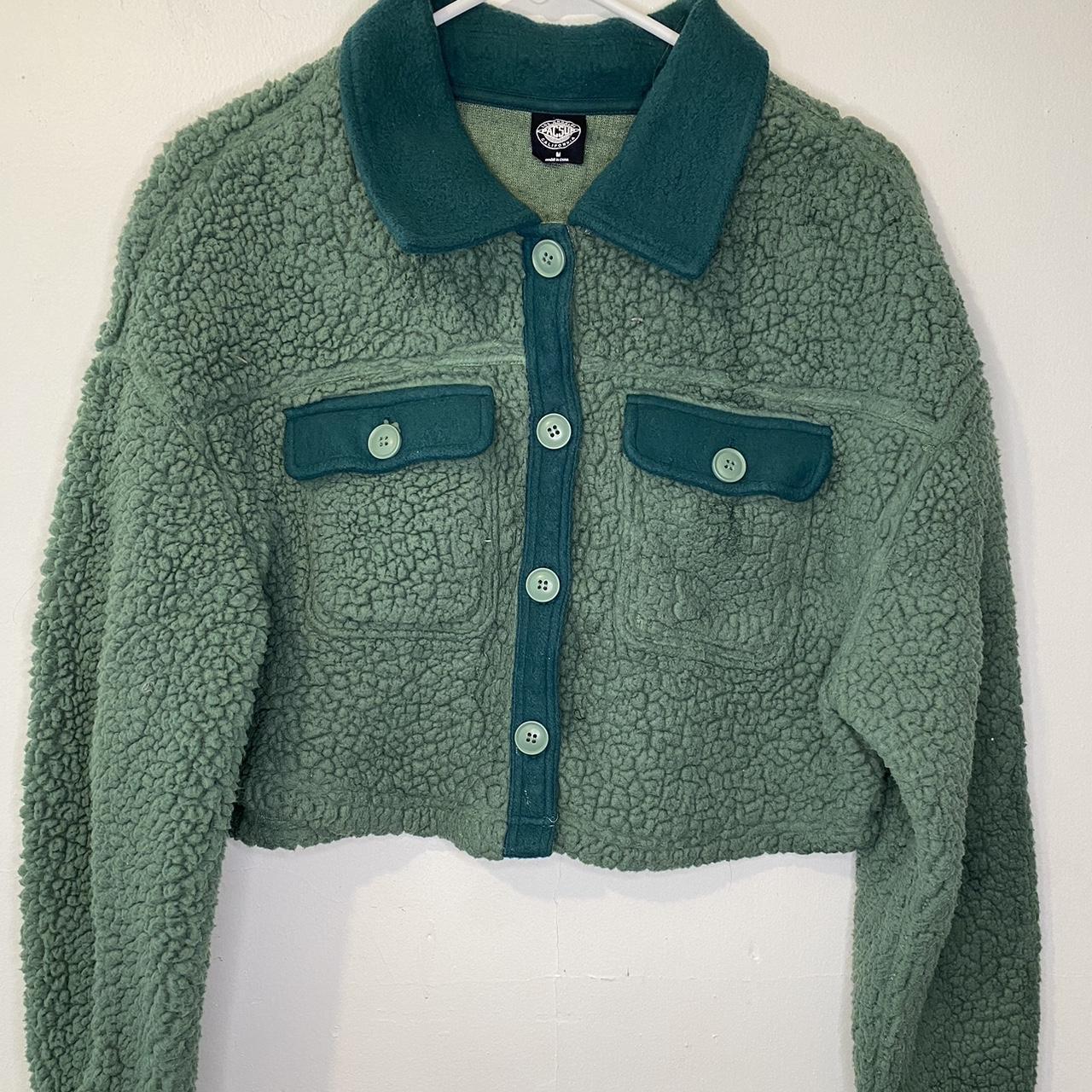 pacsun forest green cropped sherpa button up... - Depop