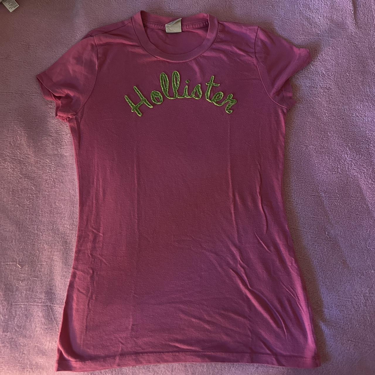 pink and green hollister baby tee no noticeable... - Depop