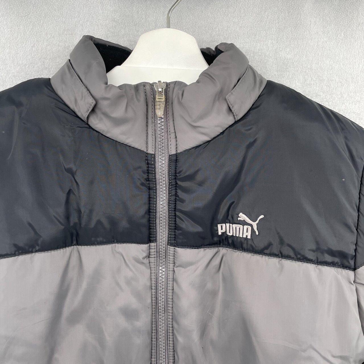 Puma Hooded Puffer Jacket Youth Large Gray Spellout... - Depop