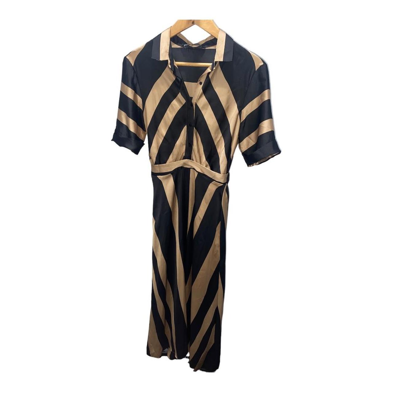 Zara Gold and Black Striped Satin Effect Midi Depop