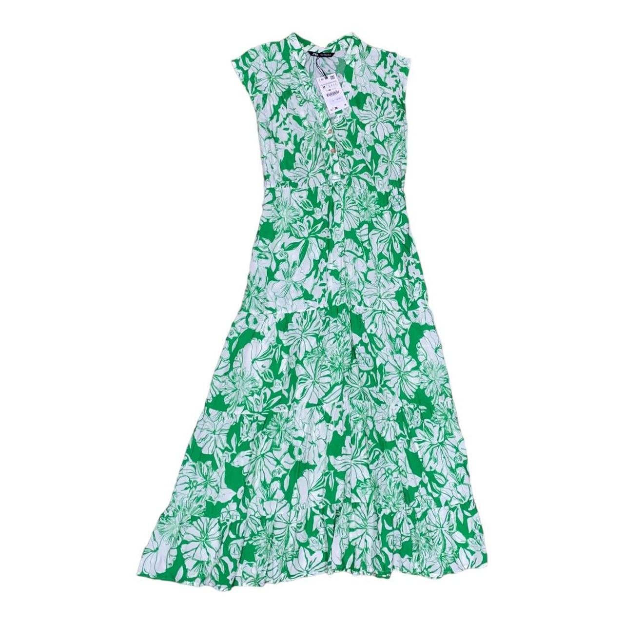 Zara Floral Printed Dress Green Ecru V-neck Depop