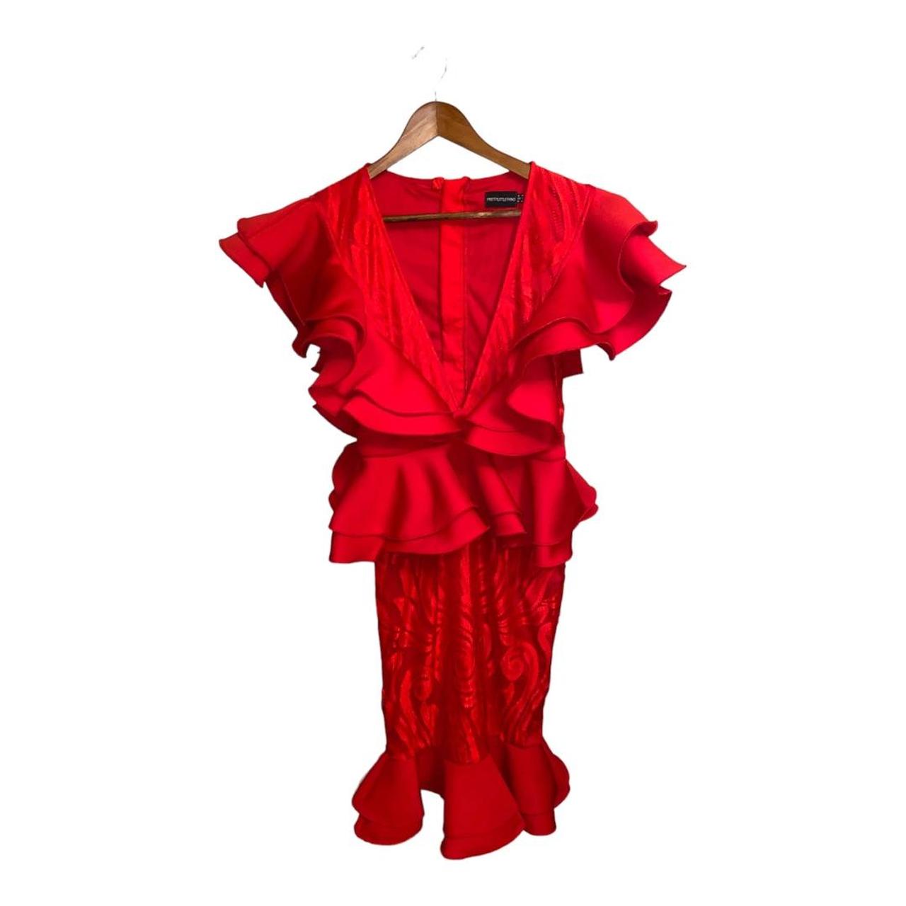 Midi Dress Pretty Little Thing Red Ruffle Dress Pretty Little Thing Red  Ruffle Detail Plunge Depop