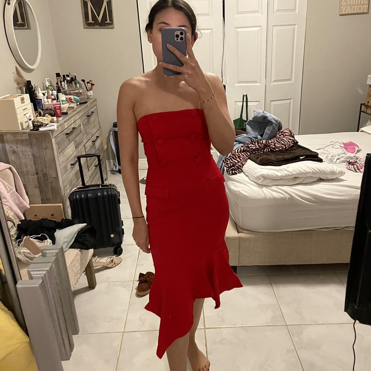 X Revolve Chrissy Teigen Dress Red Midi Landon on sale Bodycon Ruffle Strapless Pencil S