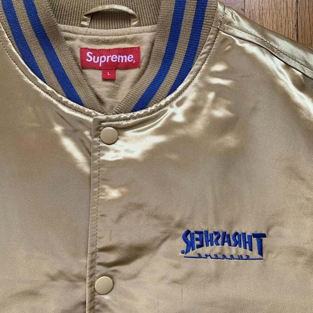 Supreme Thrasher Satin Varsity Jacket Gold... - Depop