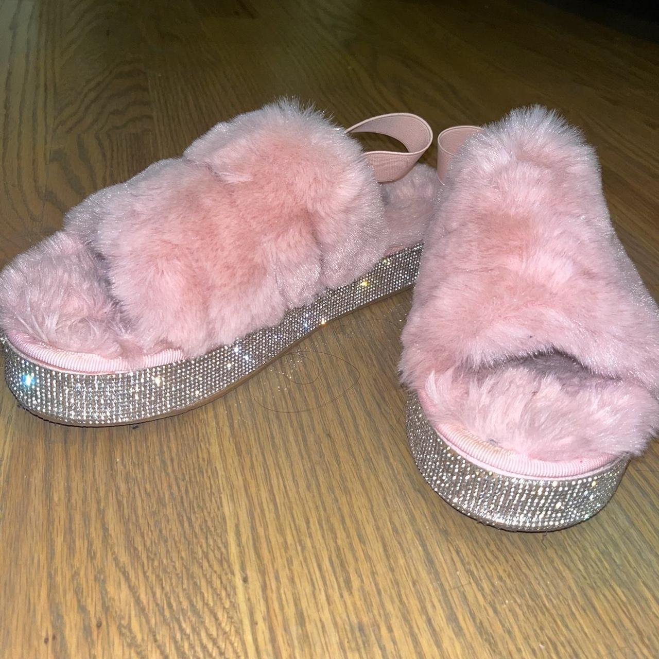 pink bedazzled knock off furry ugg slippers size 9... Depop