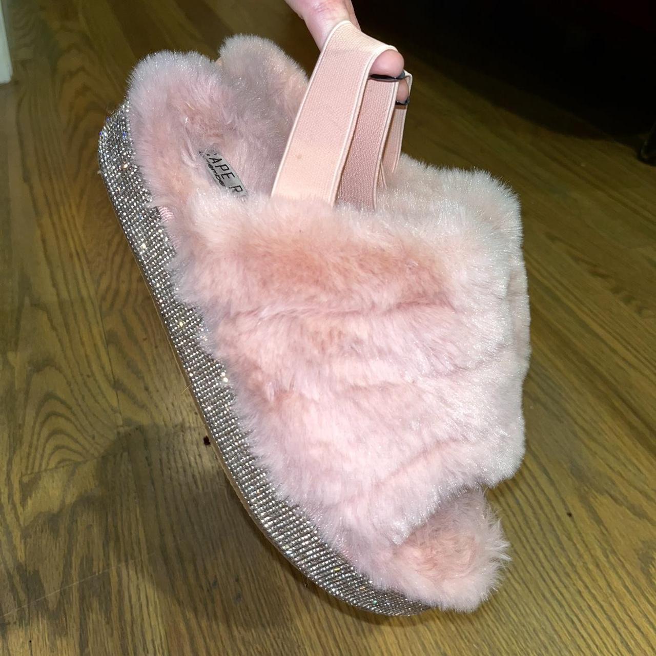pink bedazzled knock off furry ugg slippers size 9... Depop