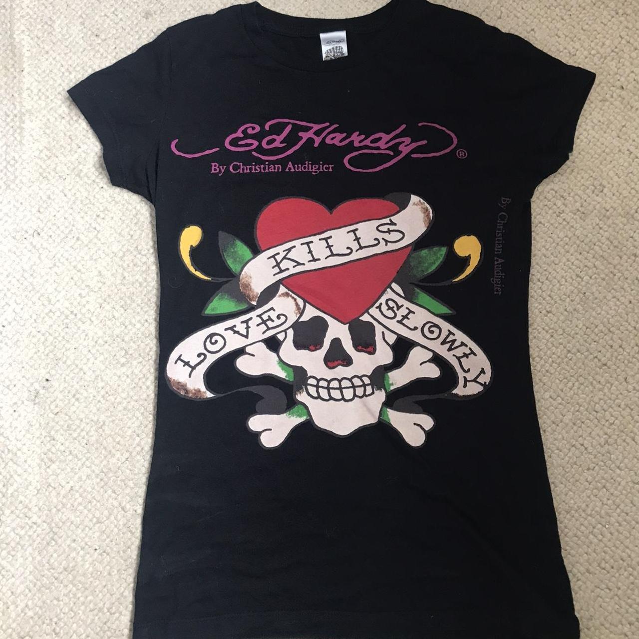 Ed Hardy Women's Black and Brown T-shirt | Depop