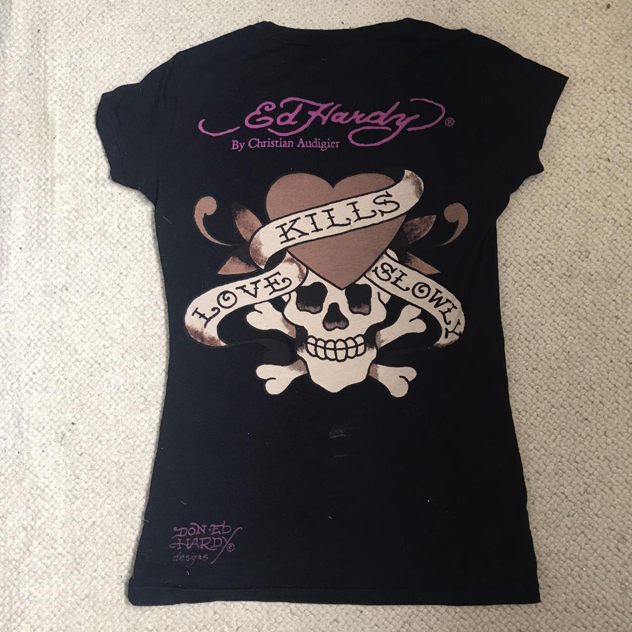 Ed Hardy Women's Black and Brown T-shirt | Depop