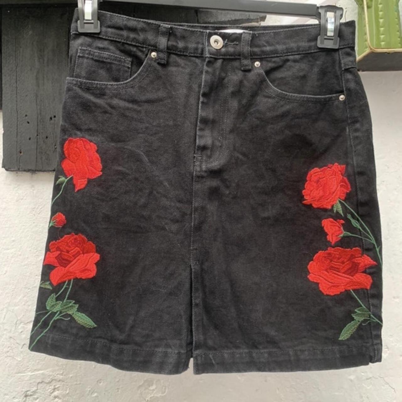 Warehouse Black denim skirt with embroidered