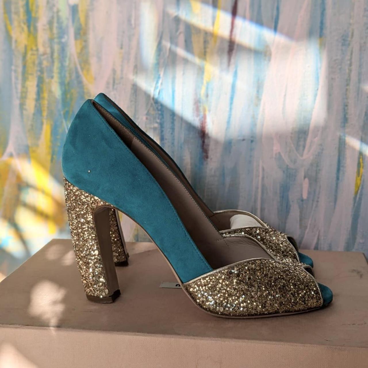 Miu Glitter Blue Miu Miu Shoes Miu Glitter Peep Toe Booties Miu