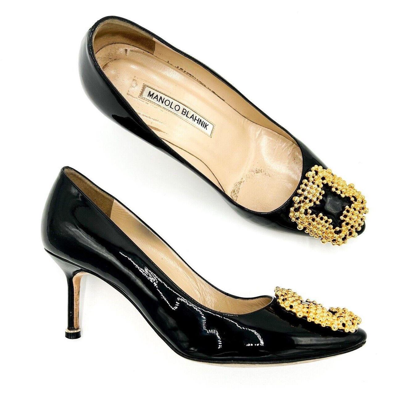 Manolo Blahnik Hangisi Black Patent Leather Gold