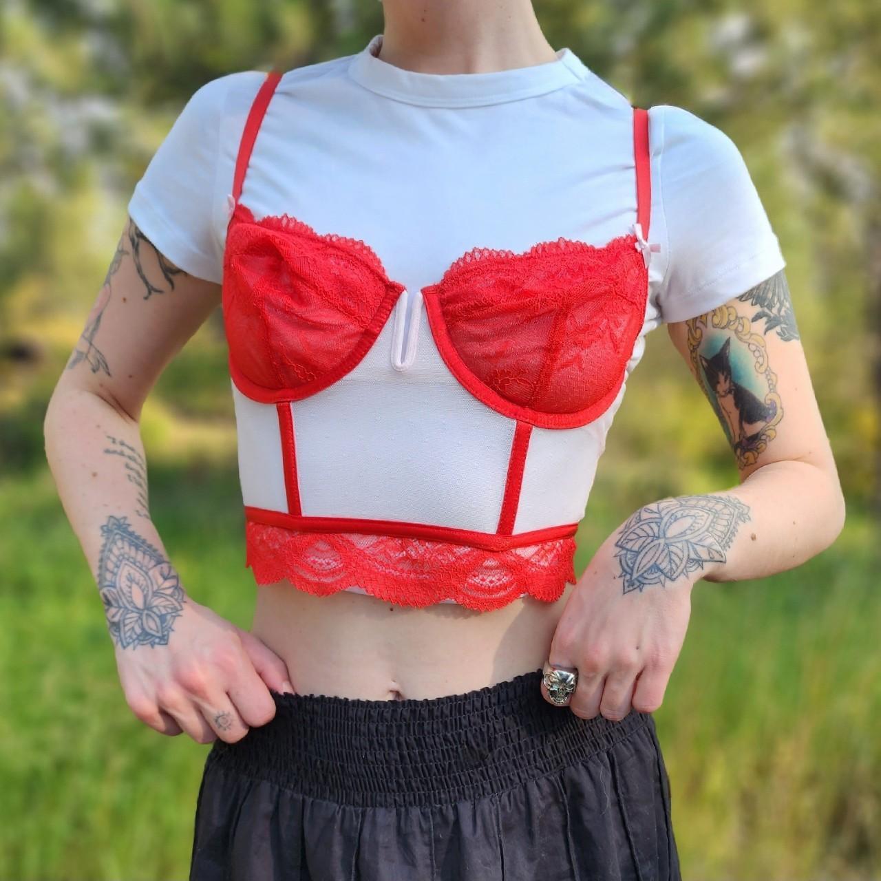 Dreamy red lace corset top Sheer mesh fabric with - Depop