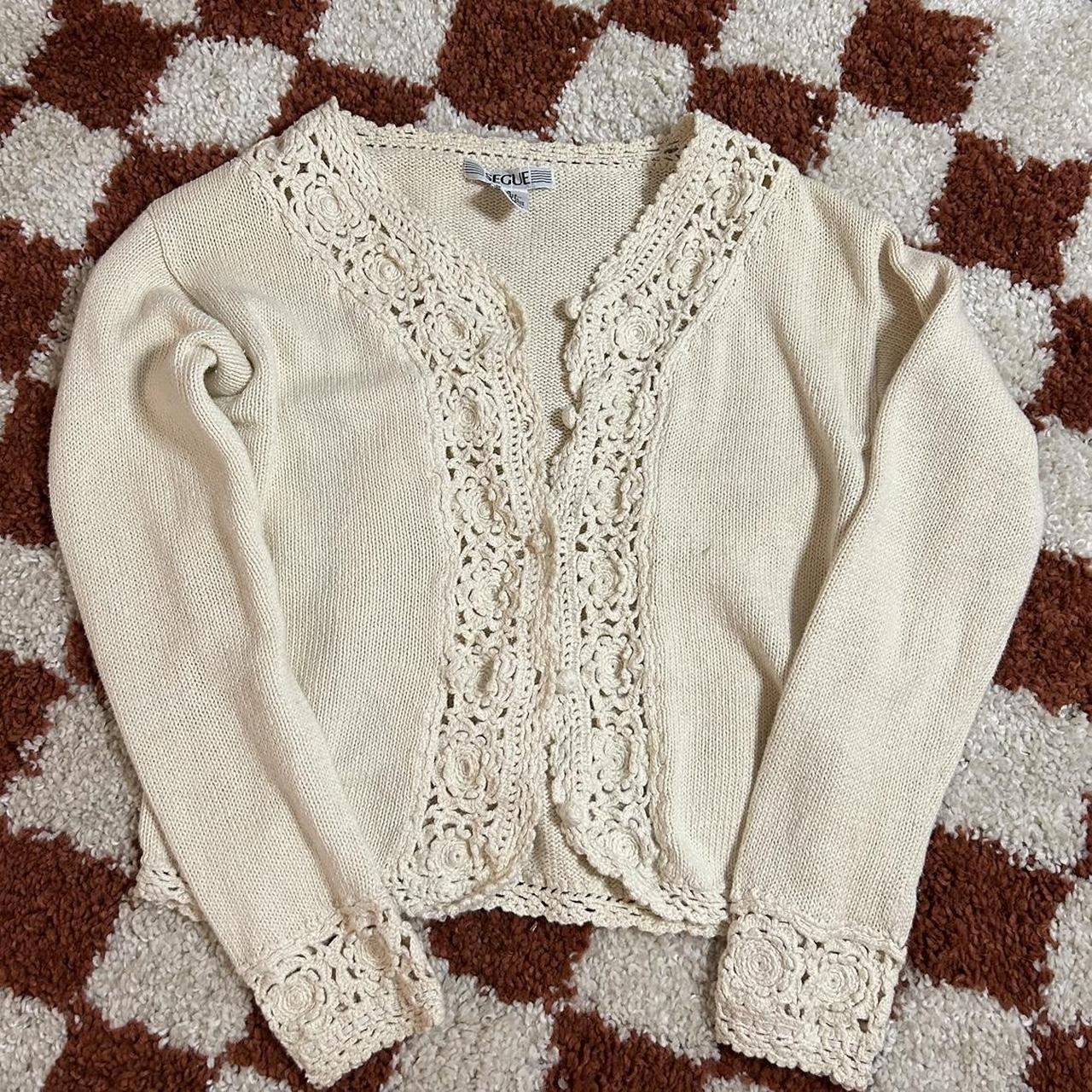 Cream cardigan with crochet detail - Depop