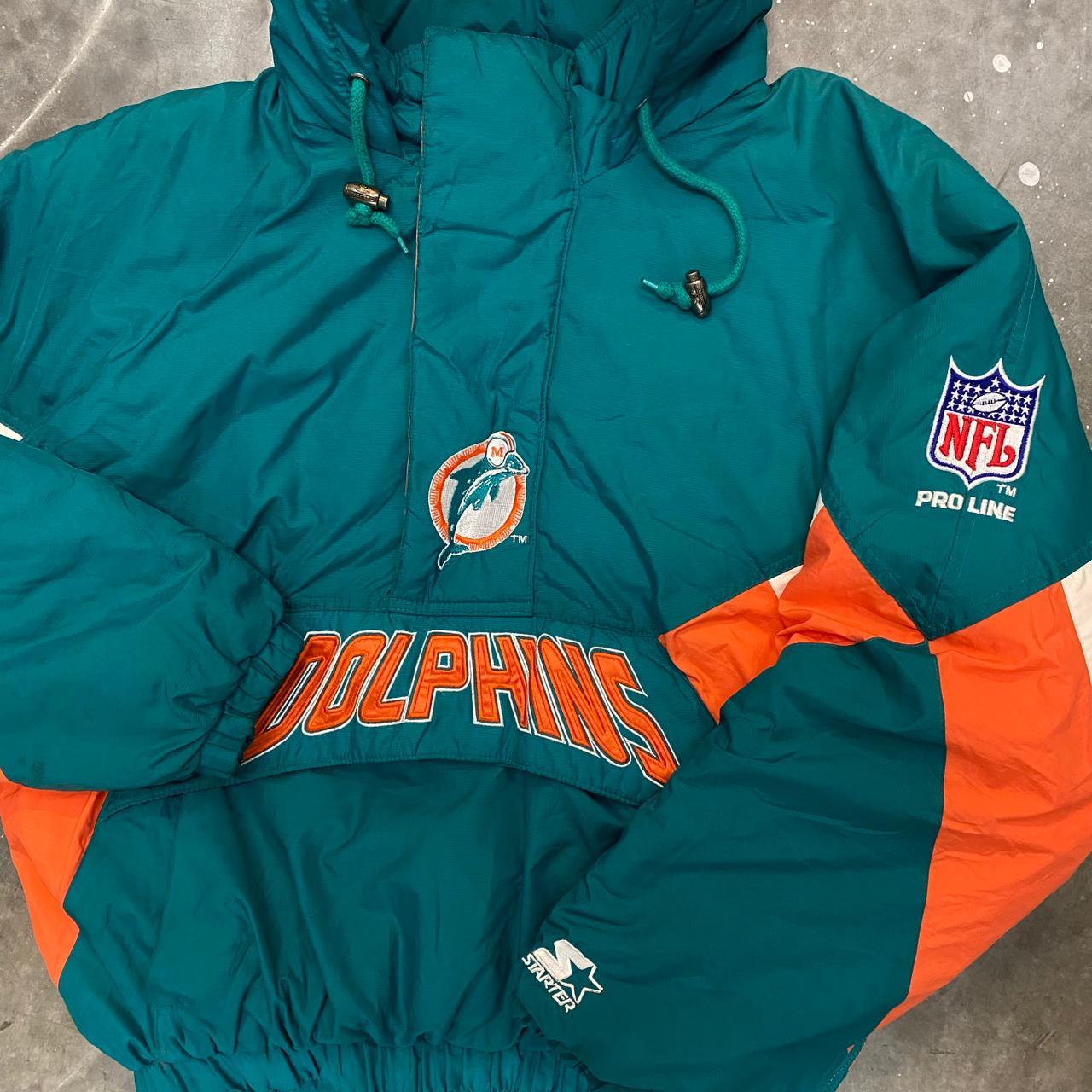 STARTER, Jackets & Coats, Vtg 9s Pro Line Starter Miami Dolphins Jacket  Front Pocket Small Hooded Coat