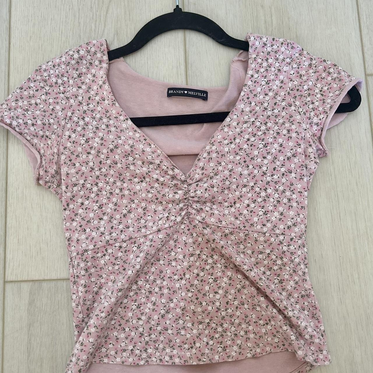 Brandy Melville Women's Pink and White Shirt Depop