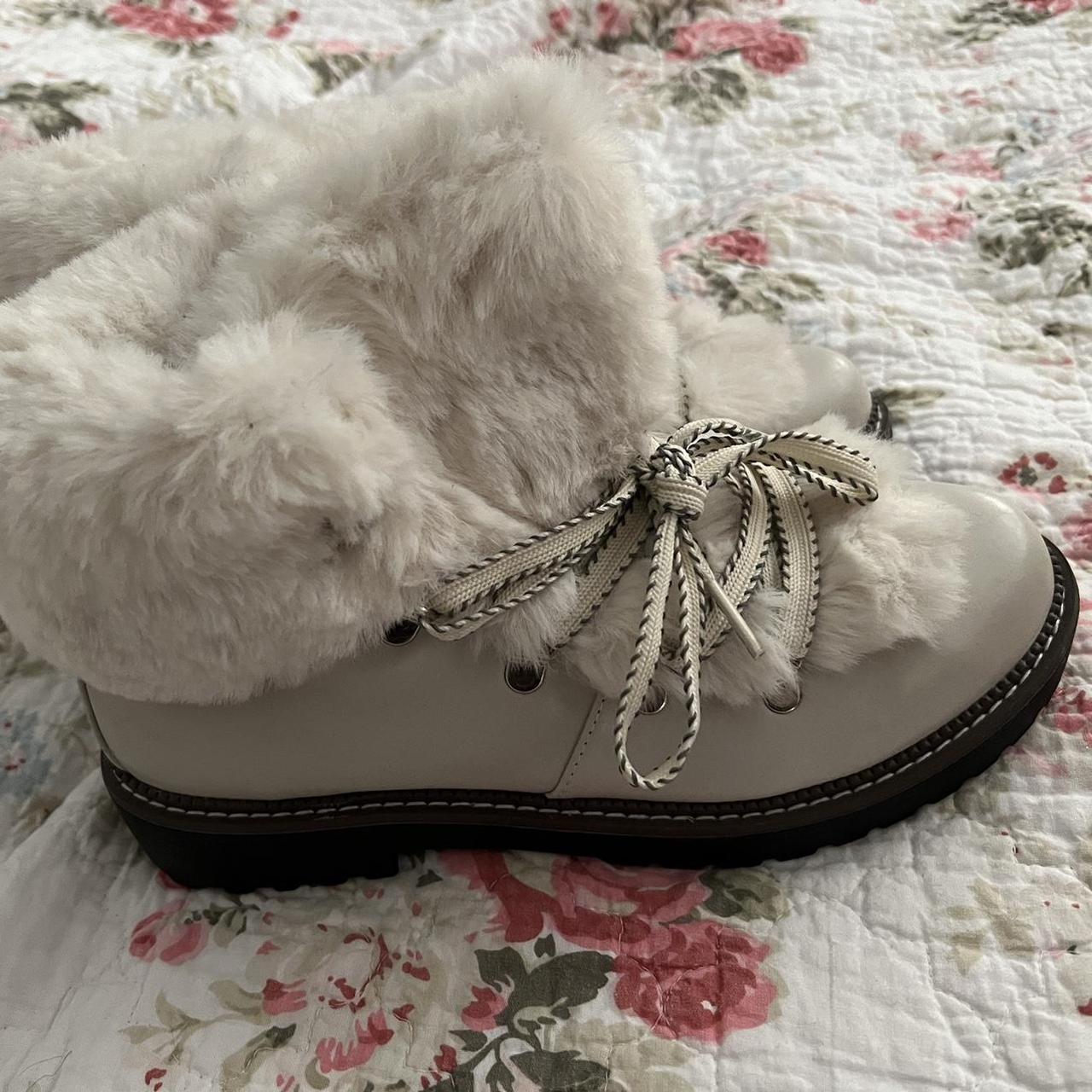 white fluffy super adorable boots, new unused, size... - Depop