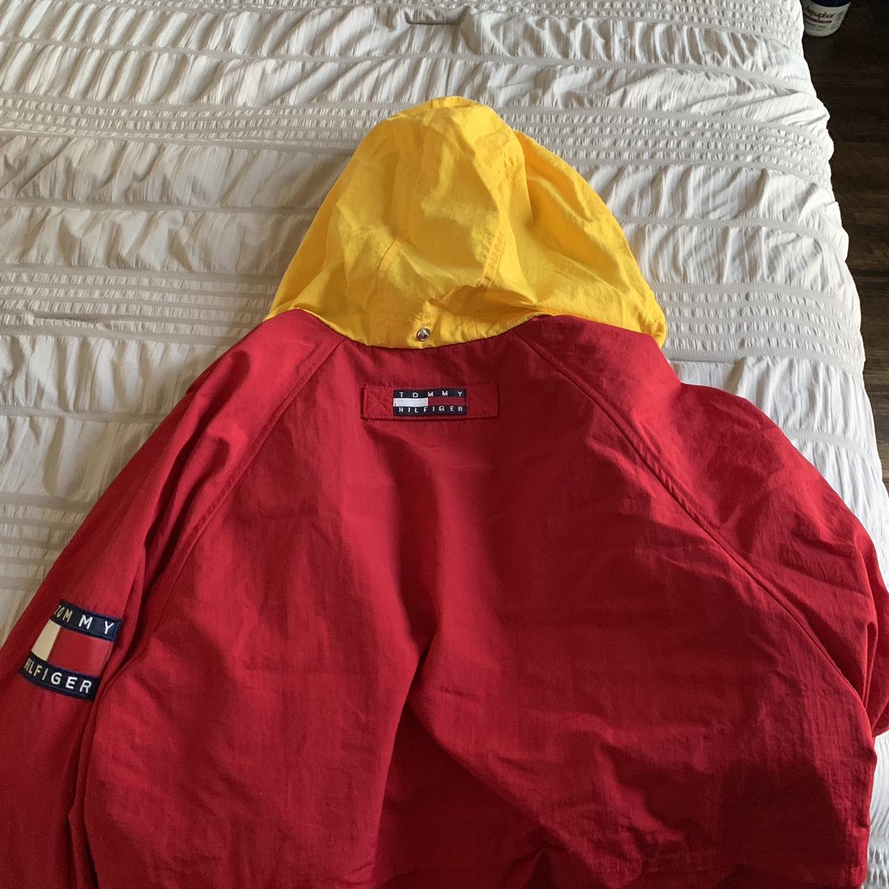 Tommy Hilfiger Red and Yellow Rain Jacket Size Medium Depop