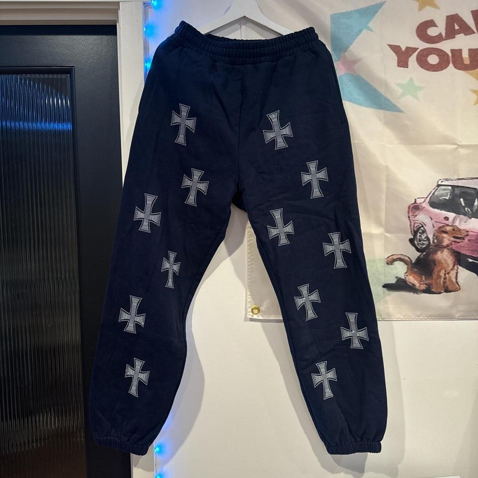 Unknown London navy rhinestone joggers/sweatpants.... - Depop