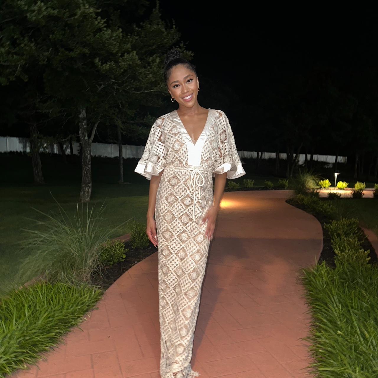 Cream and white maxi dress with flutter sleeves