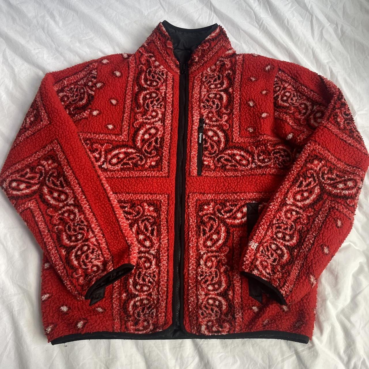 Supreme reversible bandana fleece jacket / red /... - Depop