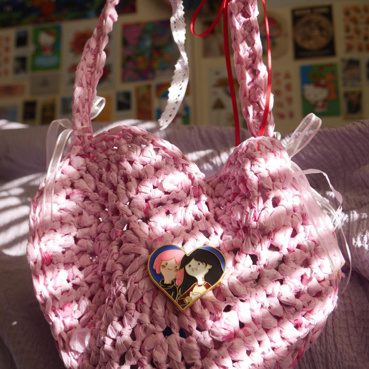 Crochet Heart bag Made with 12 piggly wiggly plastic... - Depop