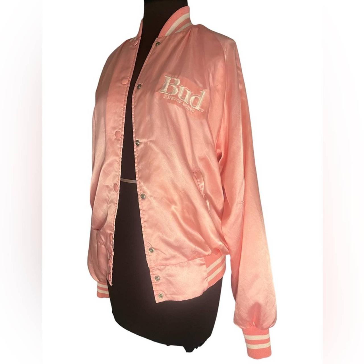 Baby Pink Satin Bomber Jacket with Striped Sleeves