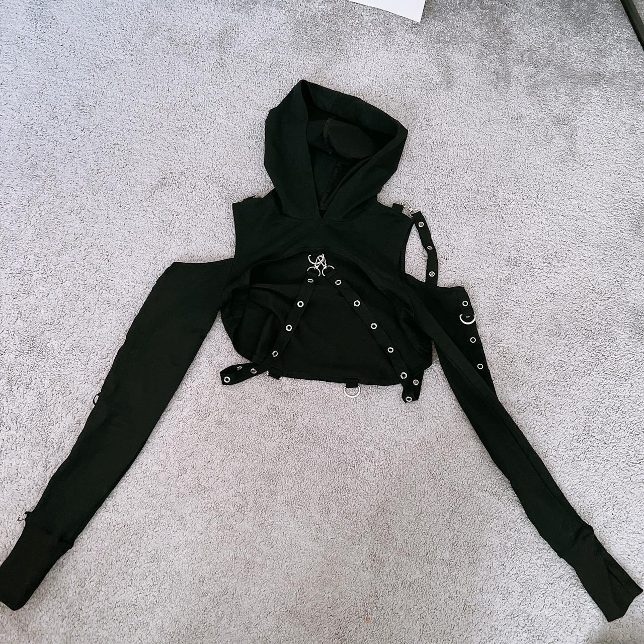 punk open cold shoulder cropped hoodie with... - Depop
