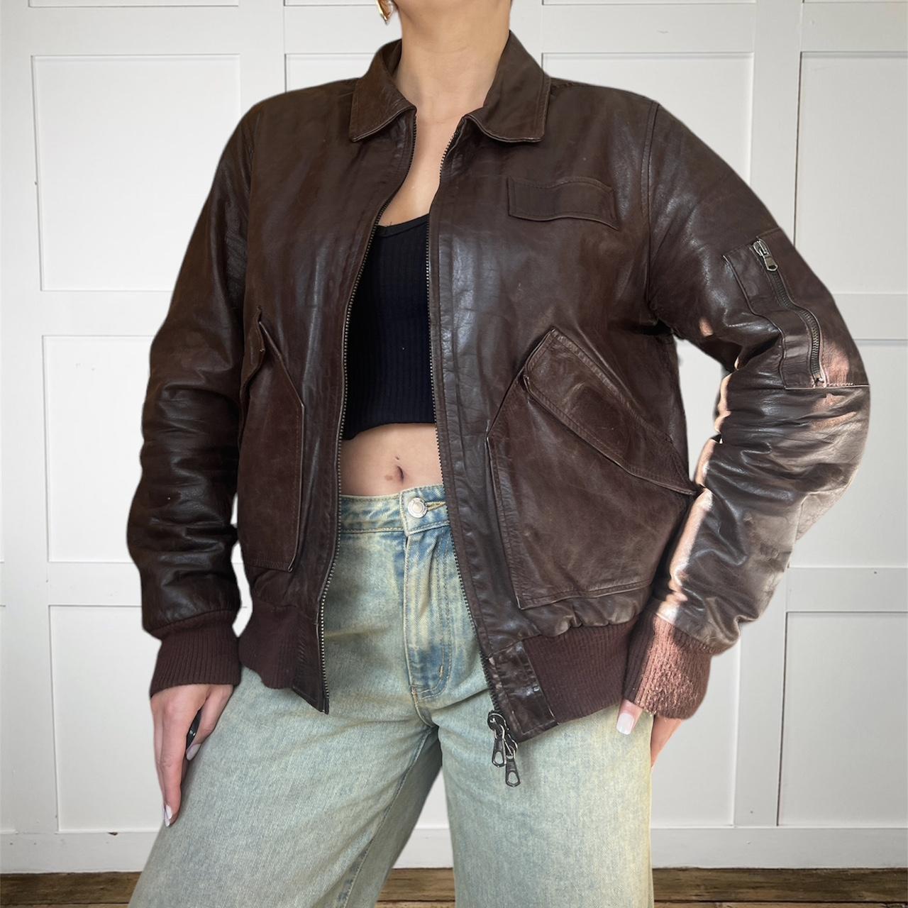 Real leather dark brown bomber biker jacket • cargo... - Depop