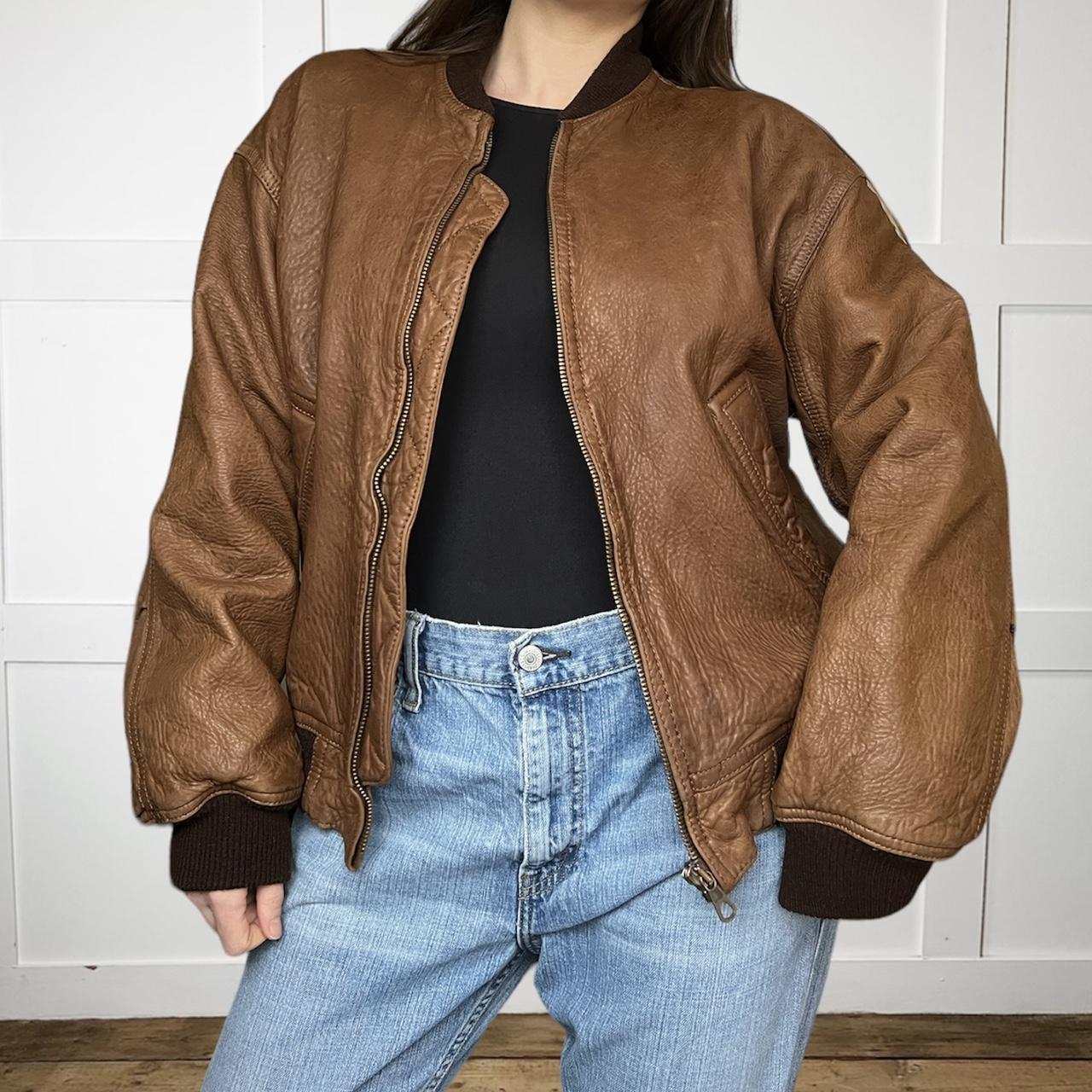 Real leather tan brown bomber jacket • genuine... - Depop