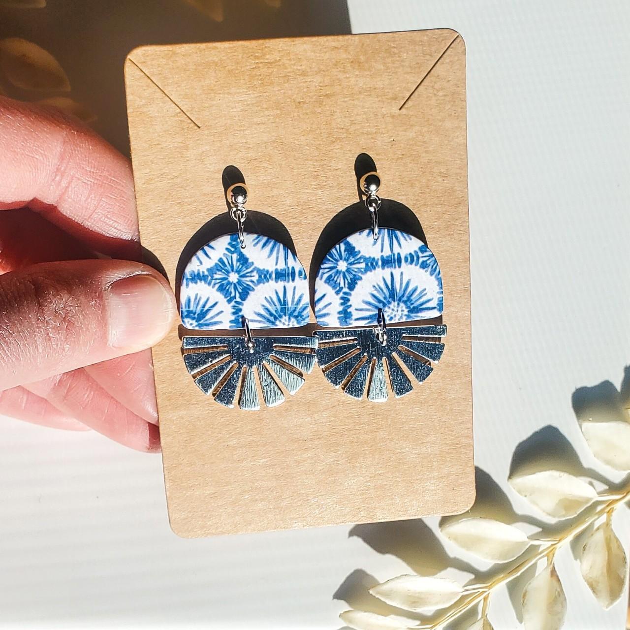 Blue & White Floral Pattern Polymer Clay Earrings